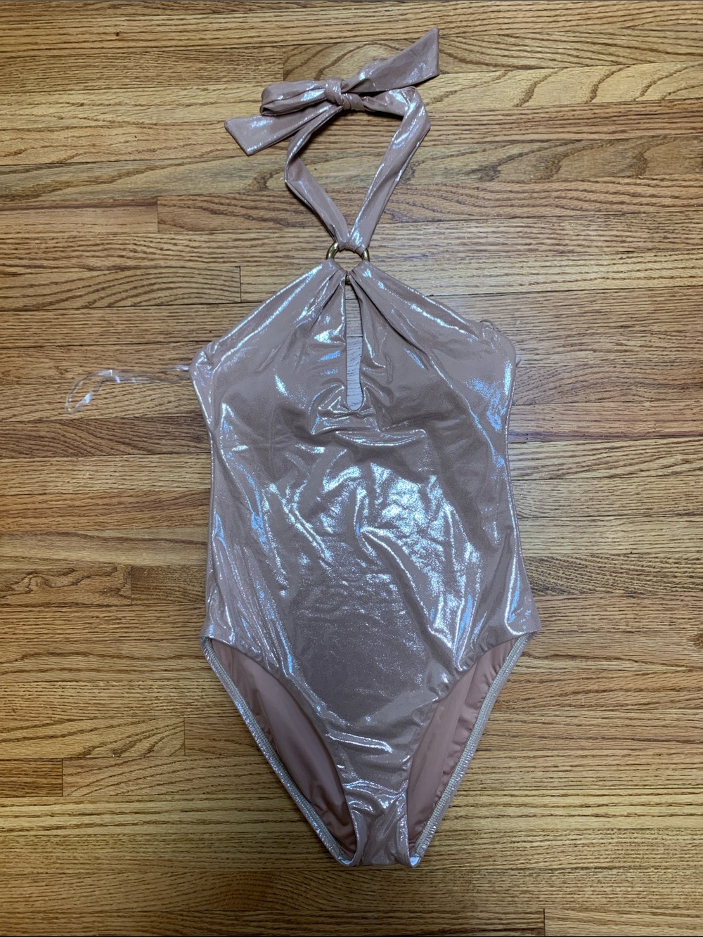 La Blanca swimsuit - shiny metallic tan one piece, sand siren, high neck keyhole